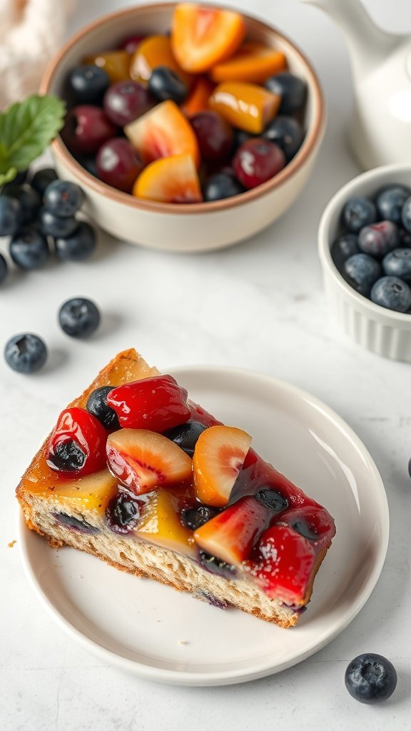 Slice of blueberry sour cream coffee cake topped with fresh fruit compote.