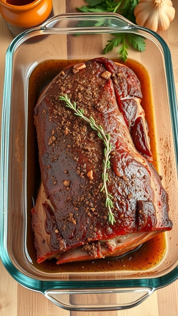 A delicious brisket seasoned with a coffee rub, garnished with herbs.