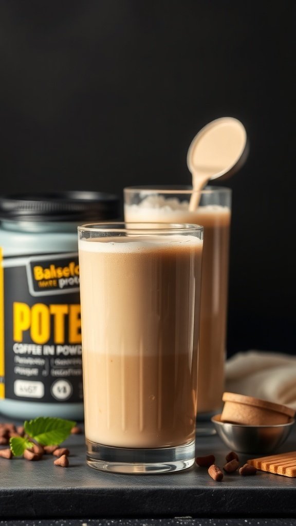 A jar of protein powder next to a cup of coffee and coffee beans on a table.
