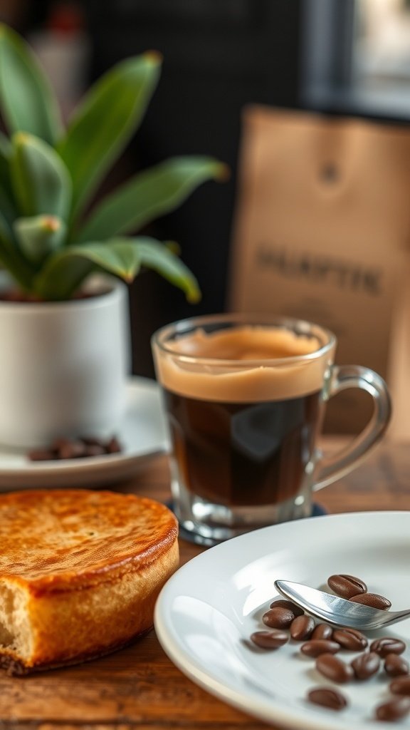 A delicious coffee flan served with coffee and coffee beans.