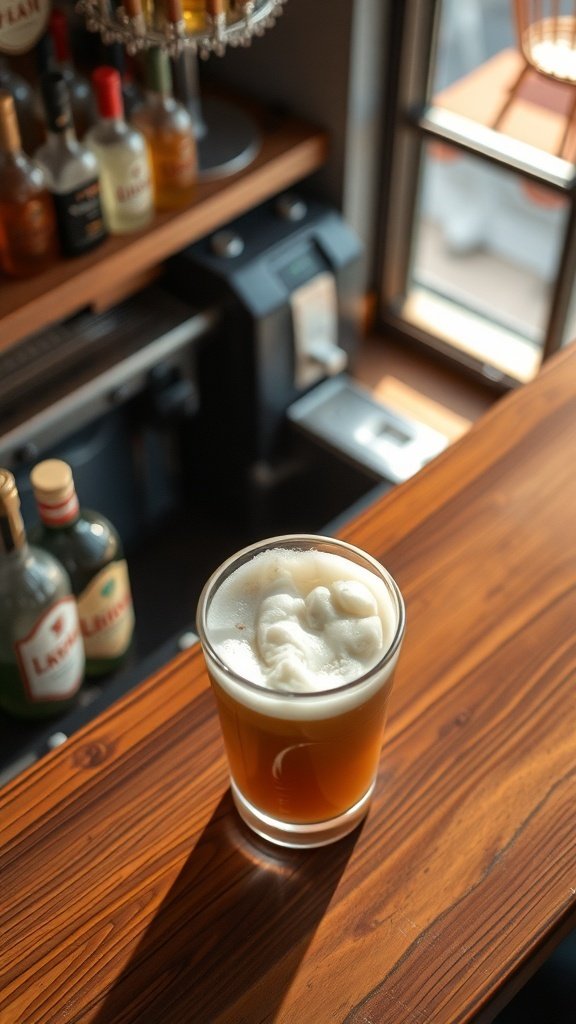 A glass of frozen Irish coffee cocktail on a wooden bar.