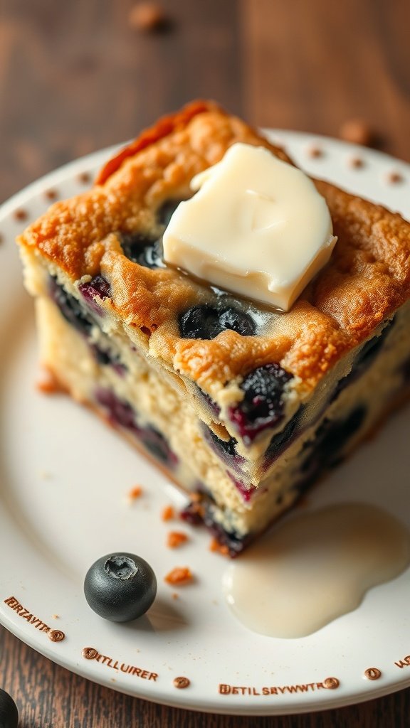 A slice of blueberry sour cream coffee cake topped with butter on a plate.