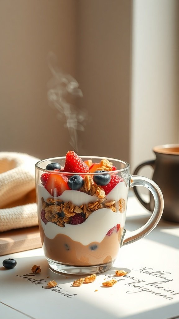 A delicious yogurt parfait with berries and granola beside a steaming cup of coffee.
