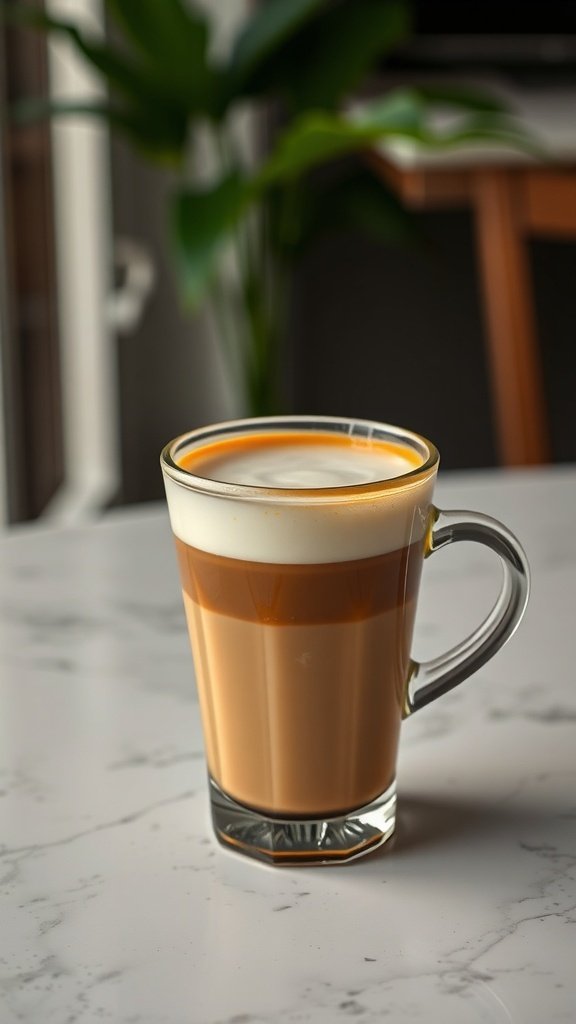 A glass of Spanish latte with layers of espresso and milk.