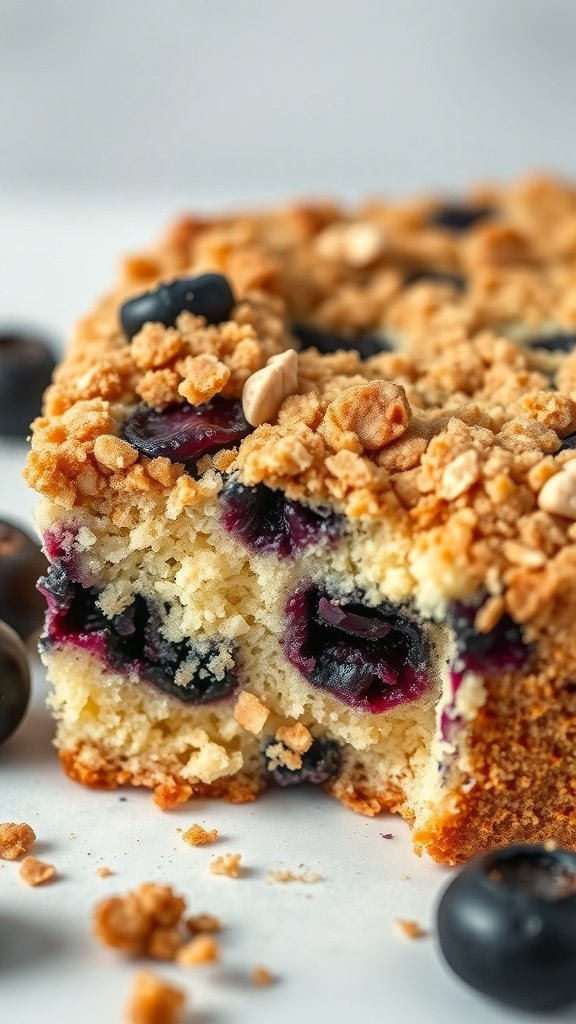 A slice of blueberry sour cream coffee cake with a crunchy topping, showcasing blueberries and a moist interior.