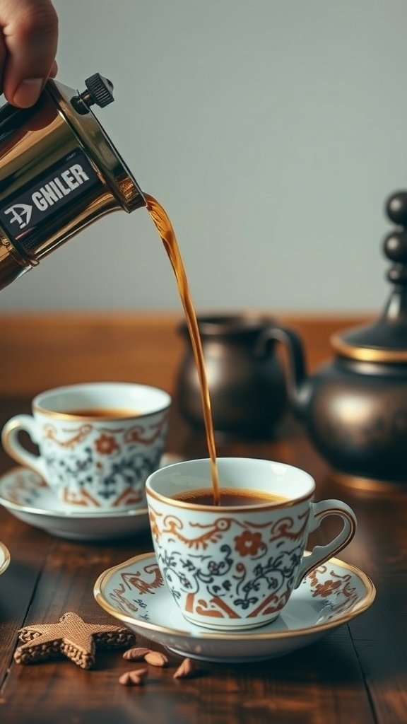 Pouring Turkish coffee into ornate cups on a wooden table.