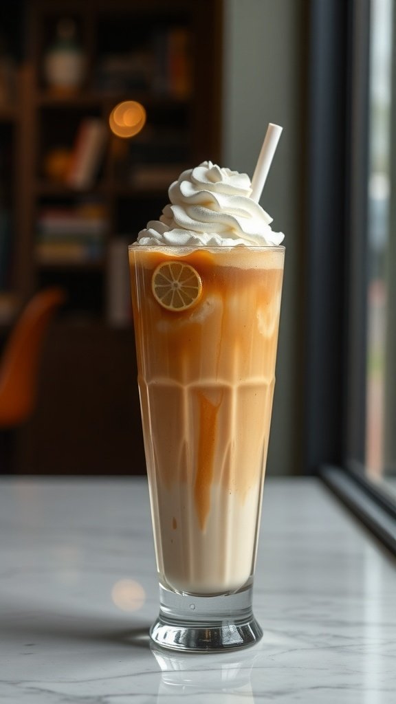 A refreshing frappuccino topped with whipped cream and a slice of lemon.