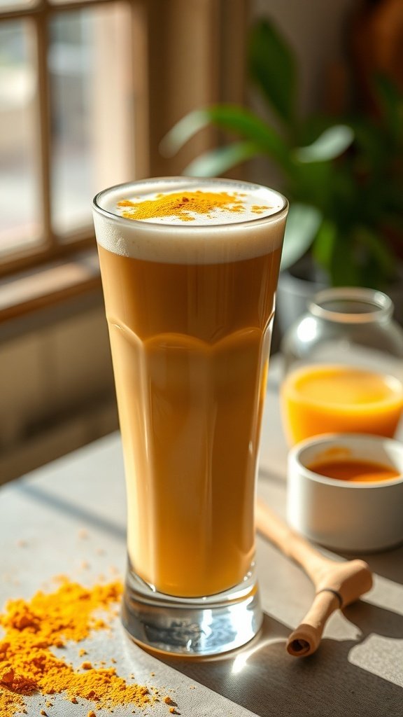 A glass of golden milk latte topped with turmeric, surrounded by ingredients.