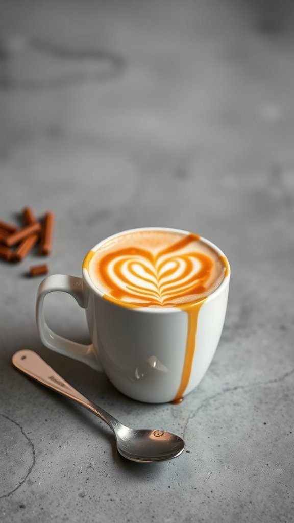 A beautifully crafted caramel brûlée cappuccino with a heart design on top.
