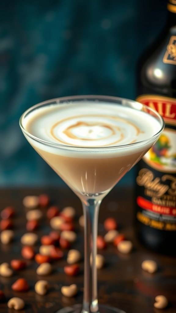 A delicious Baileys Coffee Martini in a glass with coffee beans scattered around.