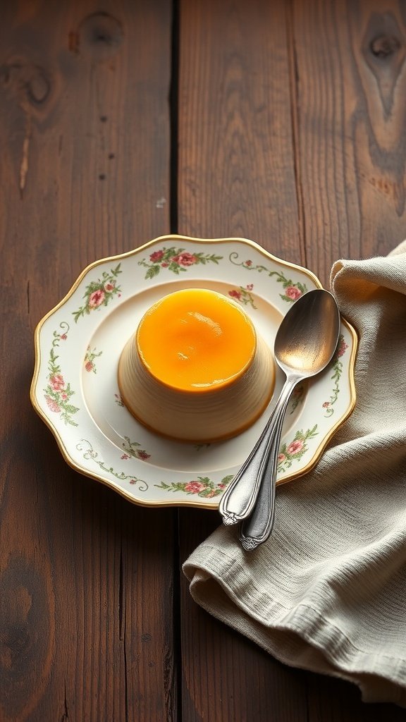 A beautifully presented coffee flan on a floral plate with a spoon.