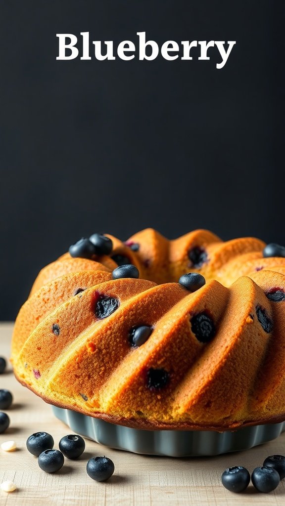 A beautifully baked blueberry sour cream coffee cake in a Bundt pan