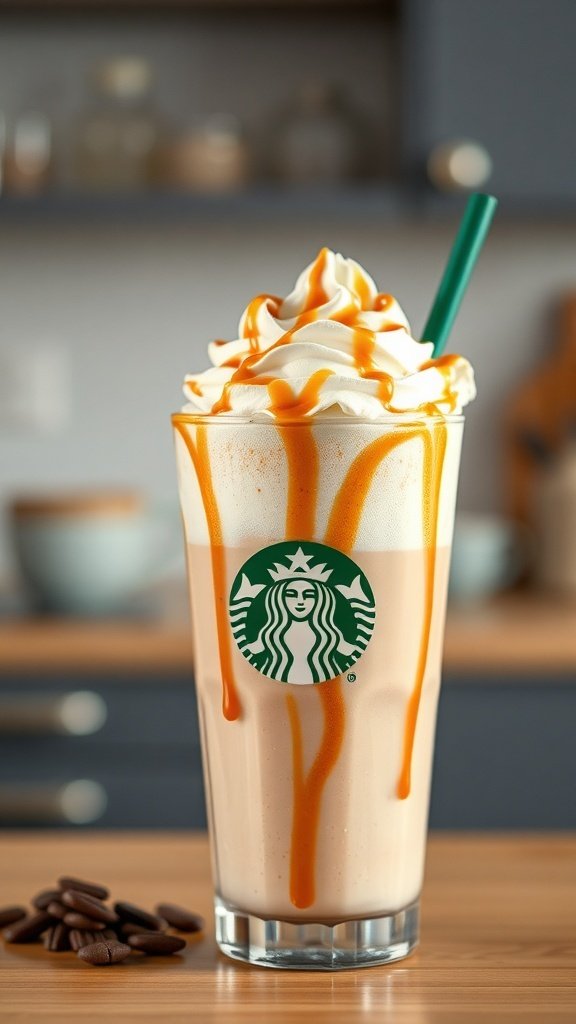A delicious coffee frappuccino topped with whipped cream and caramel drizzle.