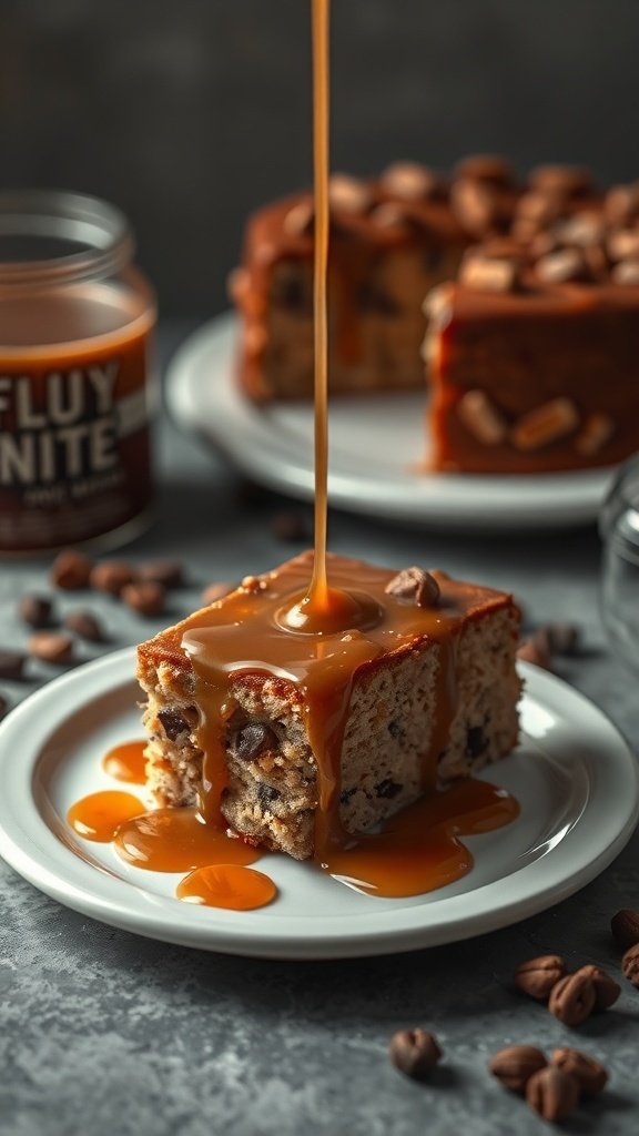 Slice of coffee crunch cake with caramel drizzle on a white plate.