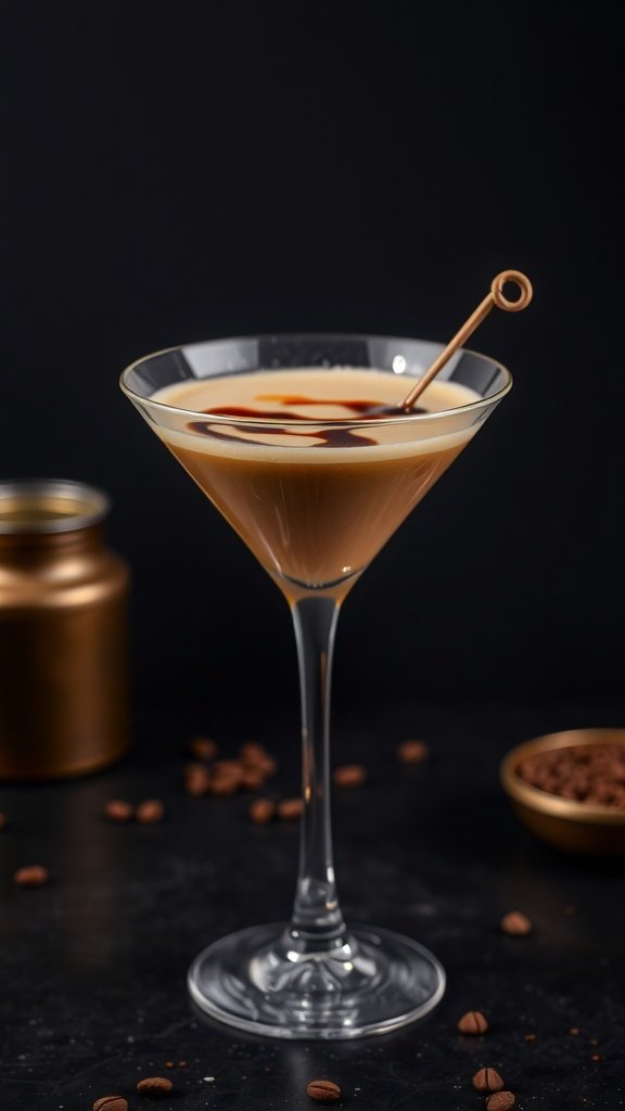 A coffee martini in a glass with a drizzle of syrup on top, surrounded by coffee beans.