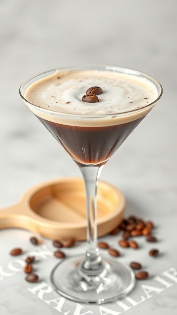 A beautifully crafted Coffee Martini garnished with coffee beans.