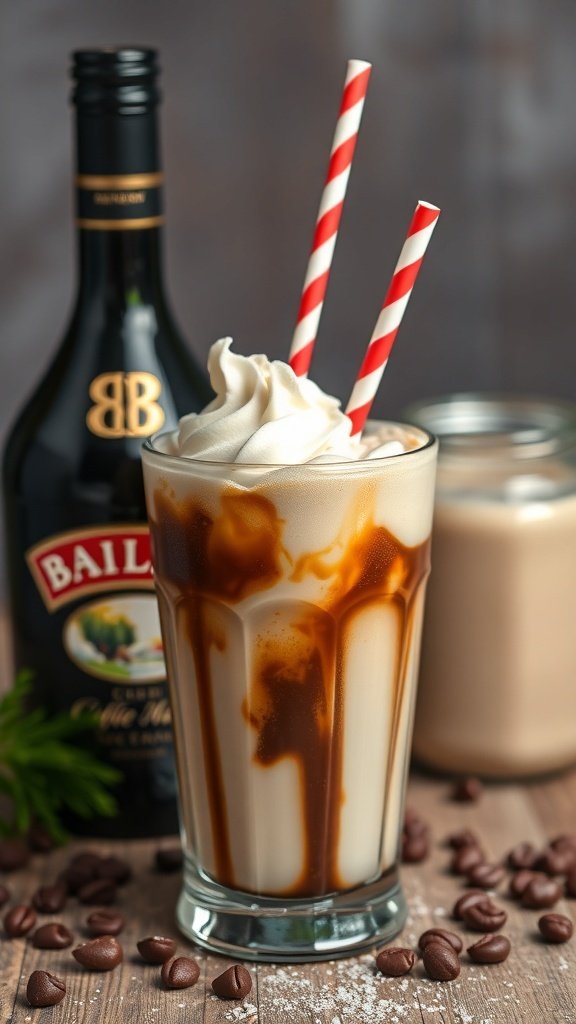 A glass of Baileys coffee float topped with whipped cream and chocolate syrup, with a bottle of Baileys in the background.
