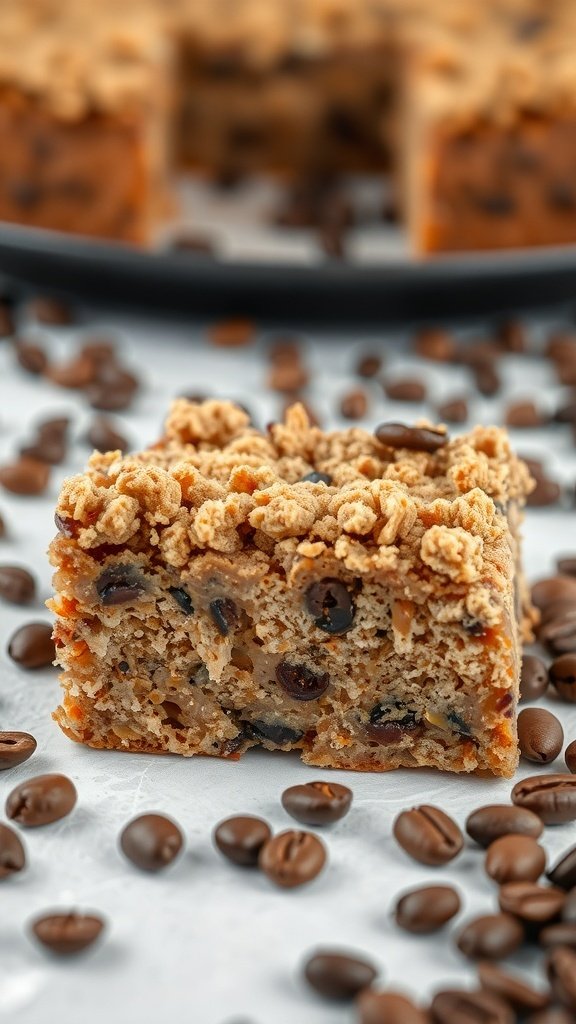 A slice of coffee crunch cake surrounded by coffee beans.