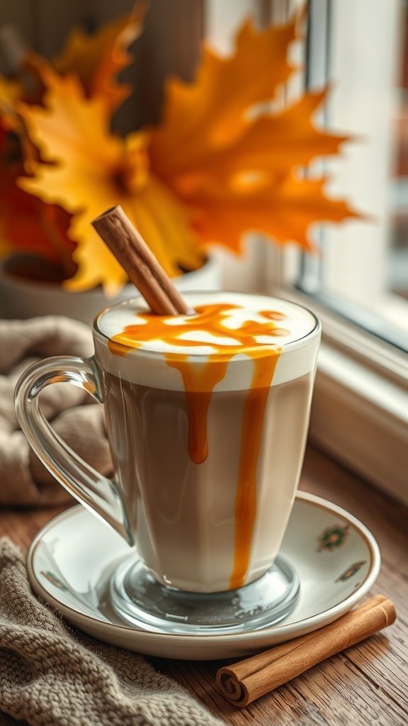 A cozy pumpkin spice latte with caramel drizzle and cinnamon stick.
