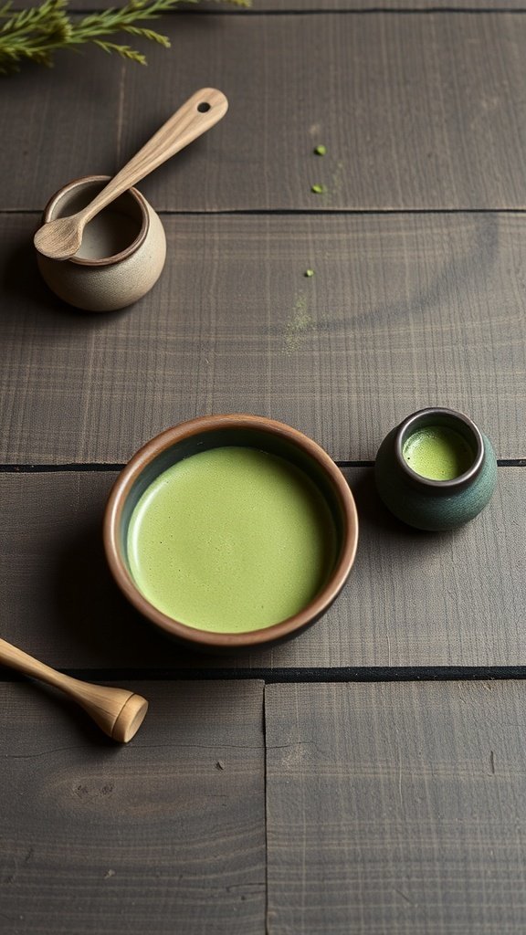 A serene matcha tea setup featuring a bowl of matcha, a small cup, and a bamboo whisk on a wooden table.