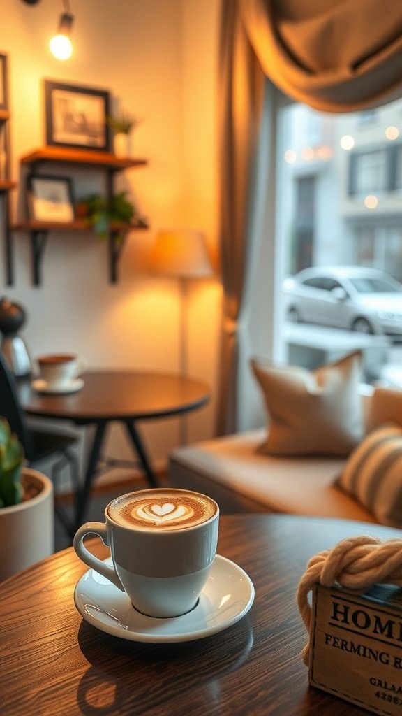 A cozy coffee shop setting with a caramel brûlée cappuccino on a wooden table.