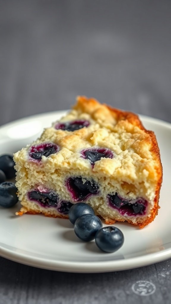 A slice of blueberry sour cream coffee cake on a plate with fresh blueberries.