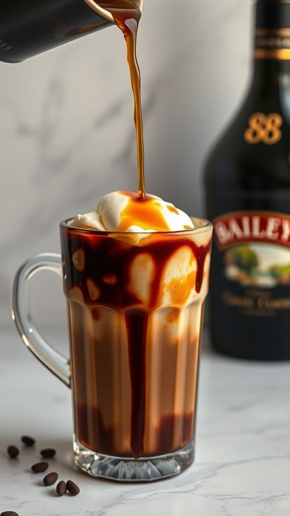 A glass of Baileys Affogato with ice cream, hot coffee, and caramel drizzle.