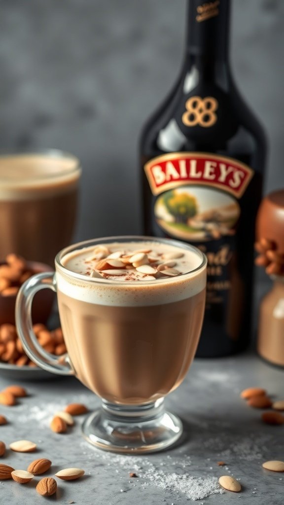 A glass of Baileys Almond Coffee Crème topped with almond slices, with a bottle of Baileys in the background.