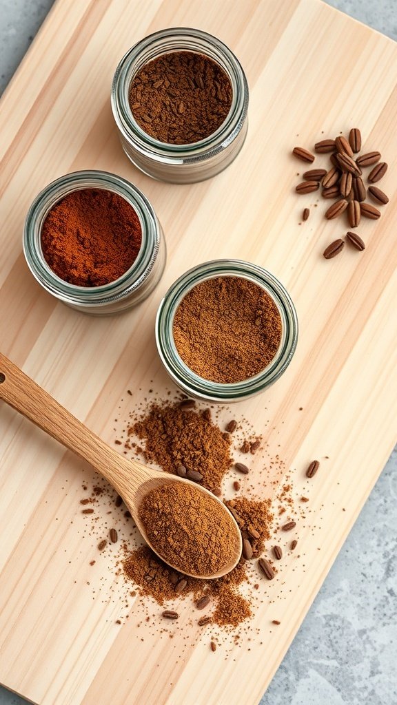 Coffee rub ingredients on a wooden surface with jars of spices and coffee beans.