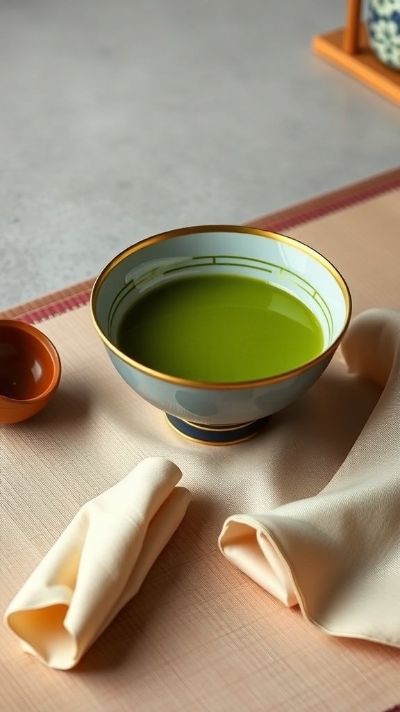 Gold-trimmed matcha bowl with vibrant green matcha tea