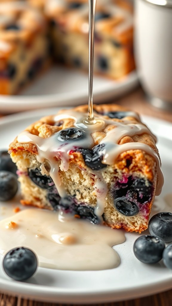 Blueberry sour cream coffee cake with glaze being drizzled on top