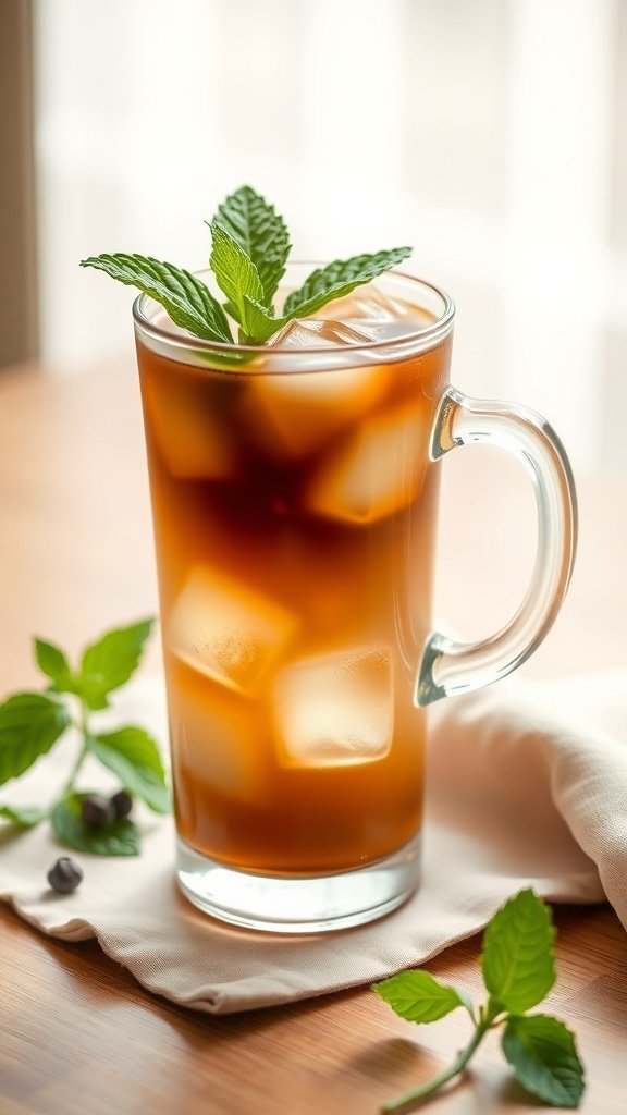 A glass of iced coffee with mint leaves on a wooden table.