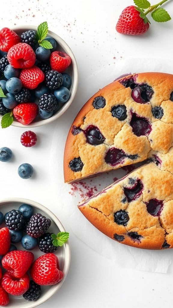 A delicious blueberry sour cream coffee cake surrounded by fresh berries.