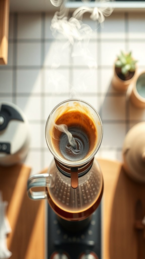 A steaming pour over coffee brewing in a glass carafe.