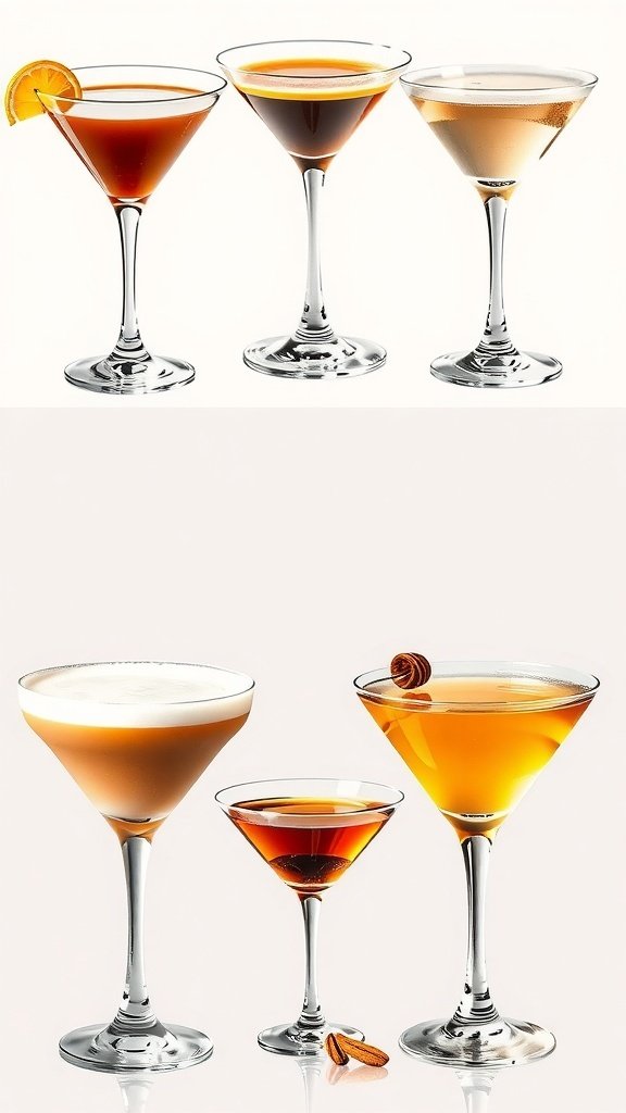 An assortment of coffee martinis in elegant glasses, showcasing different flavors and garnishes.