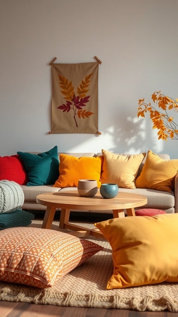 A cozy living room with colorful throw pillows in various shades on a sofa.