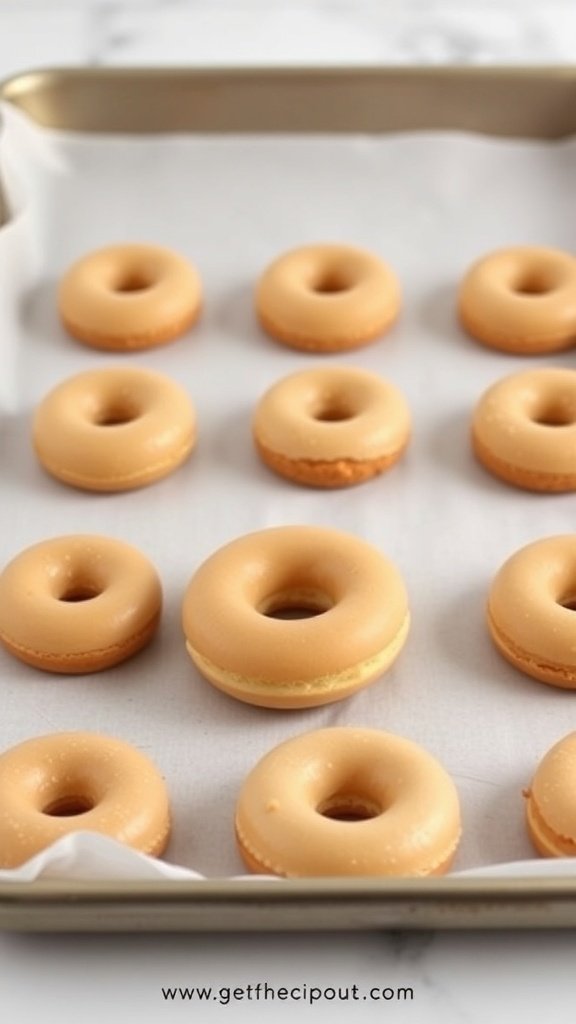 A tray of freshly baked coffee donuts on parchment paper.