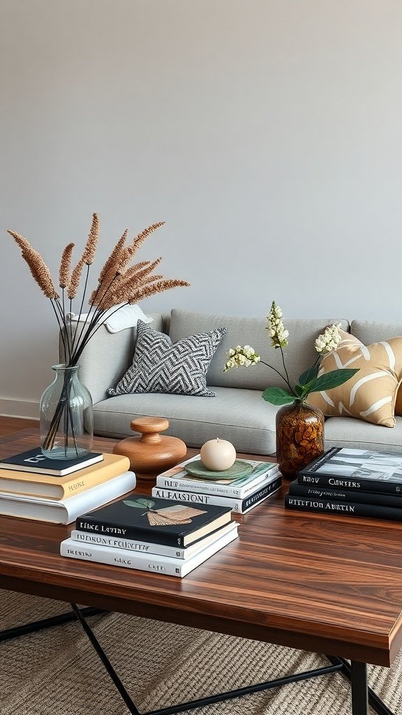 Coffee table with stacked books, a vase with dried flowers, and a cozy couch in the background.