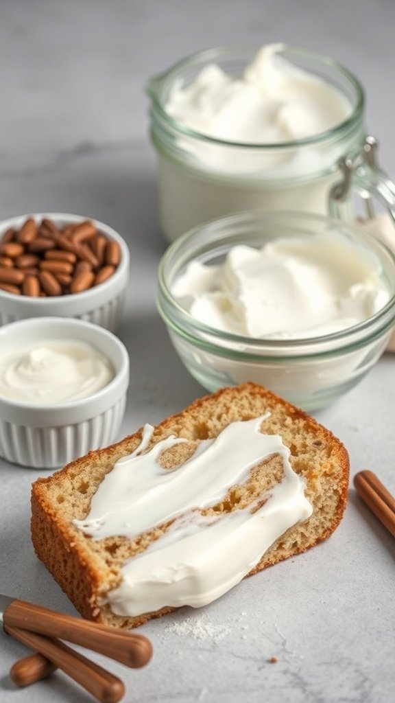 A slice of coffee cake with sour cream spread on top, surrounded by bowls of sour cream and nuts.