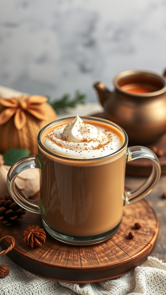 A delicious chai tea latte topped with whipped cream and cinnamon.