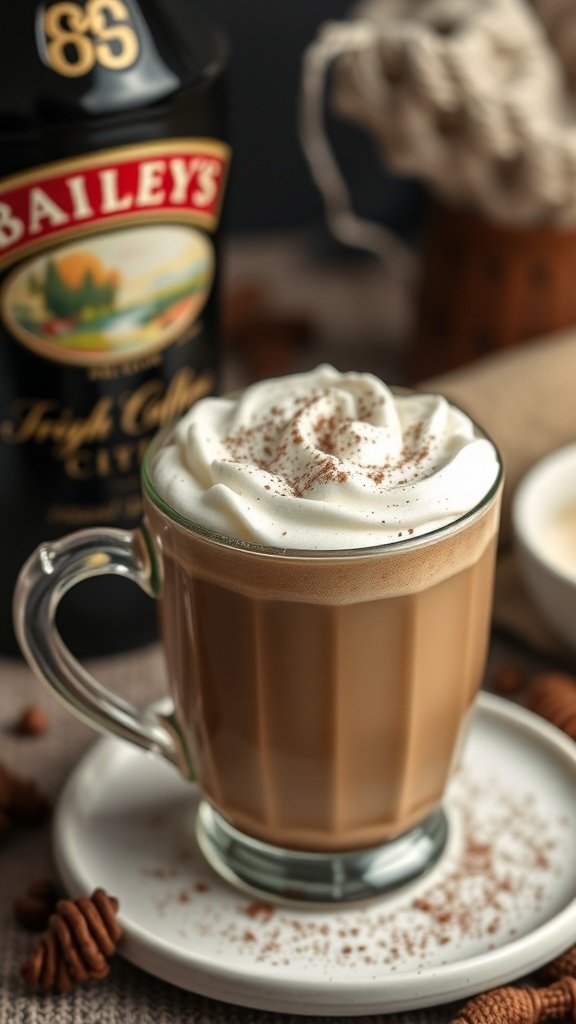 A cup of Classic Baileys Irish Coffee topped with whipped cream and cocoa powder, with a bottle of Baileys in the background.