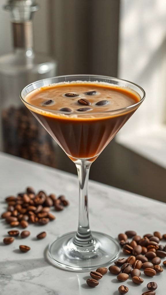 A coffee martini garnished with coffee beans on a marble surface
