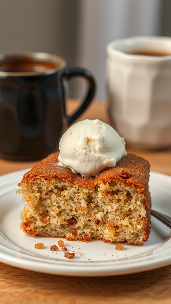 A slice of coffee cake topped with ice cream, served with coffee cups in the background.