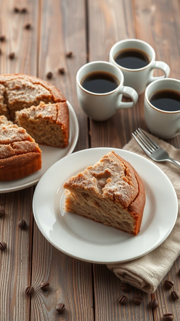 A slice of coffee cake on a plate with coffee cups in the background.