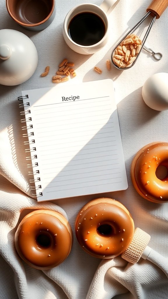 Coffee donuts with a cup of coffee and a recipe notebook