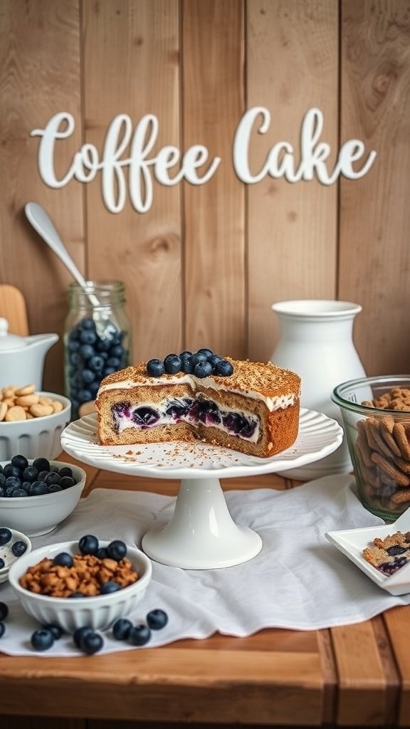 A beautifully arranged coffee cake bar featuring blueberry sour cream coffee cake, fresh blueberries, and various toppings.