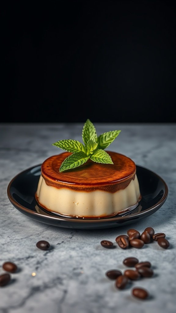 A beautifully plated coffee flan topped with mint leaves and coffee beans.