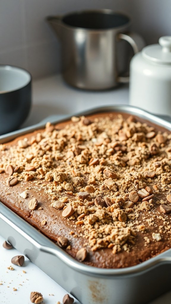 A delicious coffee crunch cake topped with nuts and crumbs.