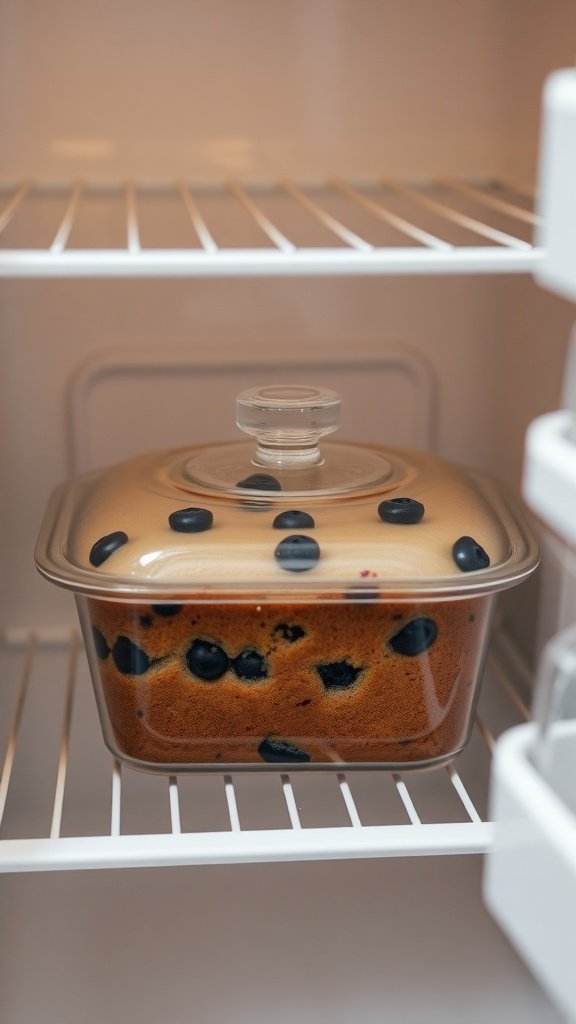 Blueberry sour cream coffee cake stored in a container in the refrigerator