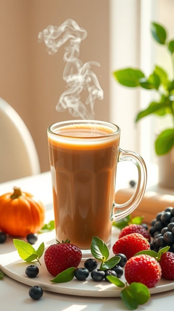 A steaming cup of coffee surrounded by fresh berries and a small pumpkin.